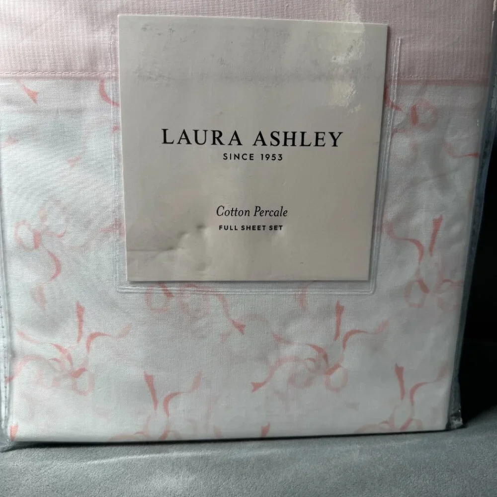 Laura Ashley White Pink Trailing‎ Bows Coquette Full Sheet Set NEW WITH TAG